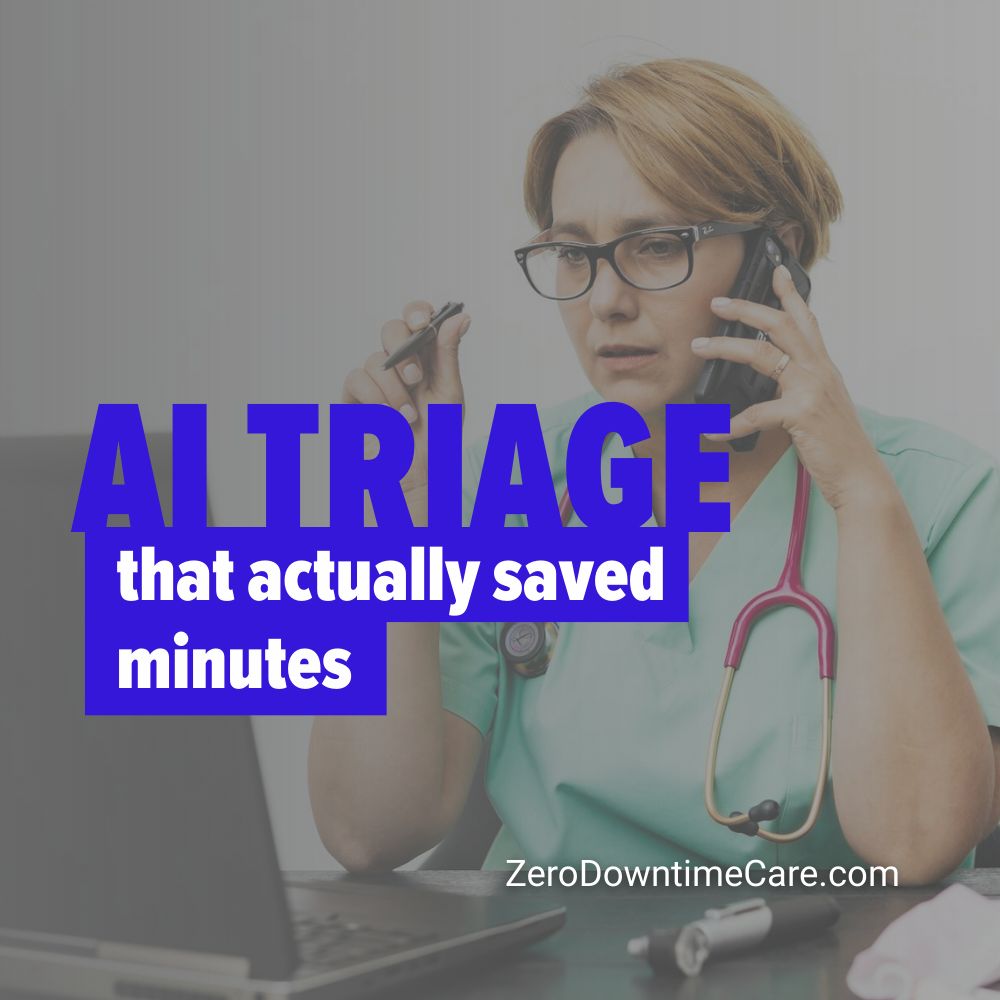 Nurse talking on phone. Image text: AI triage that actually saved minutes Self-scheduling myths busted