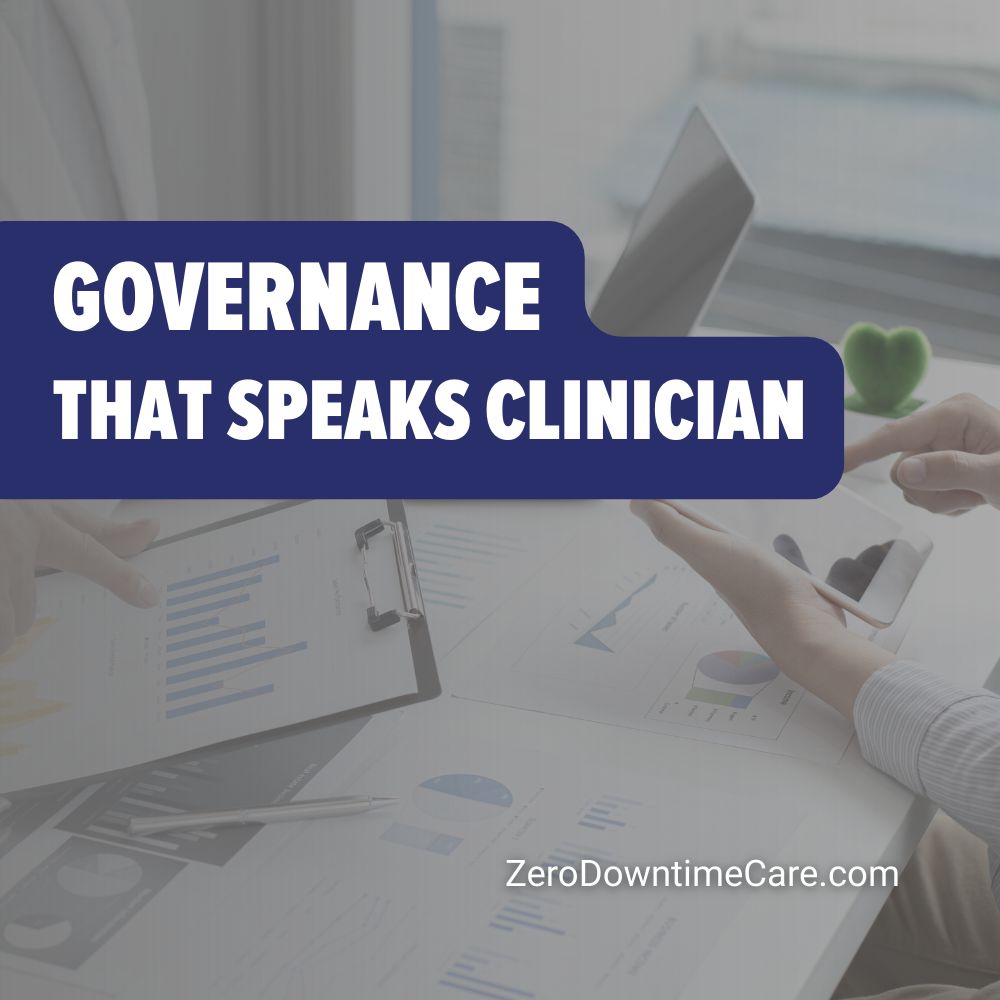 Person engaging with a mobile device at a desk. Text: Governance that speaks clinician.