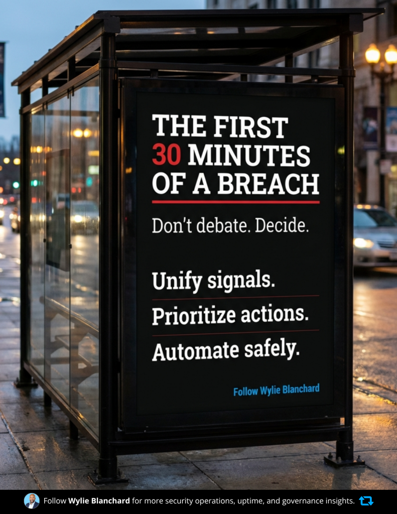 Bus shelter poster titled “The First 30 Minutes of a Breach” with the lines: “Don't debate. Decide. Unify signals. Prioritize actions. Automate safely.”